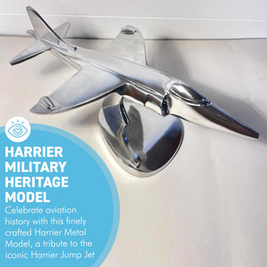 Harrier Military Heritage Metal Model – Polished Aluminium Aviation Display Piece, 42cm x 25cm, Iconic Jump Jet Design for Home & Office Decor
