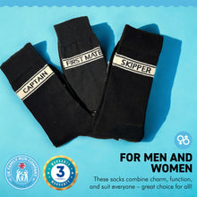 Load image into Gallery viewer, CAPTAIN, FIRST MATE AND SKIPPER SOCKS | 3 x Pairs of Socks | Sailing Gift | Gifts for boat owners | Nautical socks | Cotton rich | Adult Size UK 6-12 EU 39-46
