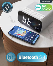 Load image into Gallery viewer, REFURBISHED MAJORITY Bluetooth Bedside FM Radio Alarm Clock | Wireless Charging for Phones| 12W Stereo Sound with Dual Alarm, Built-in Thermometer, and 30 Presets | Large Dimmable Display Darwin digital clock

