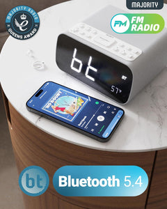 REFURBISHED MAJORITY Bluetooth Bedside FM Radio Alarm Clock | Wireless Charging for Phones| 12W Stereo Sound with Dual Alarm, Built-in Thermometer, and 30 Presets | Large Dimmable Display Darwin digital clock
