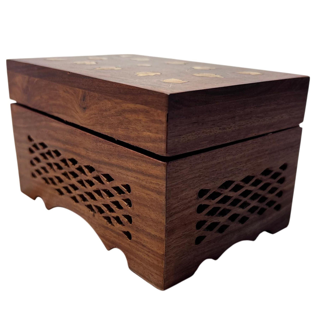 Handcrafted Sheesham Wood Keepsake Trinket Box with Brass Leaf Inlay on Lid & Intricate Jali Openwork Around Sides