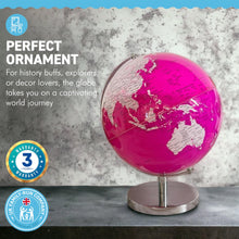 Load image into Gallery viewer, PINK WORLD GLOBE | Globes of the world | World globe for adults | Earth globe | Desk ornament | Explorers gift | World globe | 25cm (D) x 25cm (W) x 30 cm (H)
