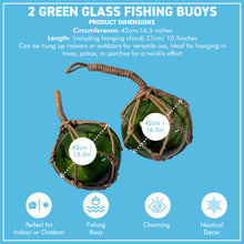 Load image into Gallery viewer, TWO DEEP GREEN GLASS FISHING FLOAT ORNAMENTAL SEA BUOY | hand blown | nautical seafaring fishing rustic décor | 10cm diameter | with rustic brown string netting and hanging loop | Japanese style glass fishing floats
