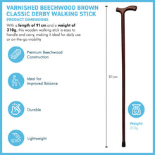 Load image into Gallery viewer, Varnished Beechwood Brown Classic Derby Walking Stick,  solid, lightweight wooden stick with rubber ferrule for stability and comfort
