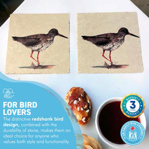 2 x REDSHANK STONE COASTERS | Stone Coasters | Animal novelty gift | Coaster for glass, mugs and cups| Square coaster for drinks | Bird gift | Meg Hawkins art | 10cm x 10cm