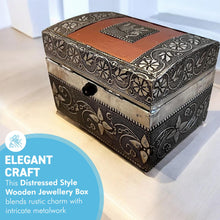 Load image into Gallery viewer, Distressed Wooden Jewelry &amp; Keepsake Box with Silver &amp; Copper Alloy Finish, Elephant &amp; Floral Decor
