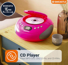 Load image into Gallery viewer, Portable Bluetooth CD Boombox with FM radio | CD, CD-R, CD-RW | 30 Presets | Easy Controls, LED Display, Headphone Jack | OAKCASTLE CD250 (Pink)
