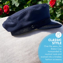 Load image into Gallery viewer, Traditional Wool Breton Cap | Size 58cm, medium,  Captain Fisherman Mariner Yachtsman Sailors, Fiddlers Cap,  Baker Boy flat cap, skipper, classic peaked French and Greek boatman&#39;s hat
