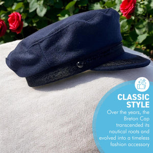 Traditional Wool Breton Cap | Size 58cm, medium,  Captain Fisherman Mariner Yachtsman Sailors, Fiddlers Cap,  Baker Boy flat cap, skipper, classic peaked French and Greek boatman's hat