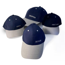 Load image into Gallery viewer, Set of 4 Adjustable Navy-Blue Baseball Caps, Skipper, First Mate, Bosun and Crew, Nautical Boating Hats for Sailing, Yachting &amp; Team Uniform

