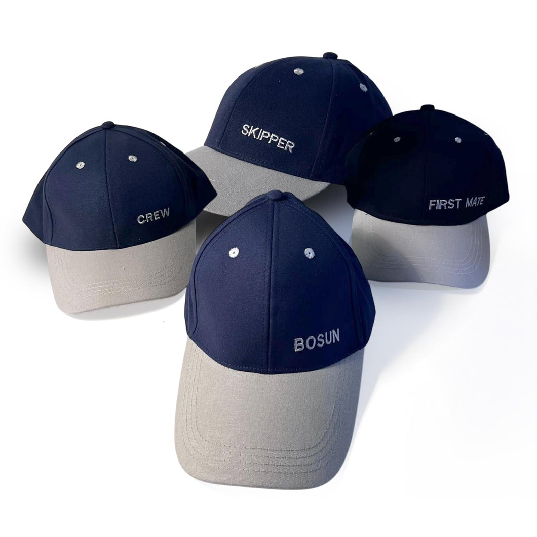 Set of 4 Adjustable Navy-Blue Baseball Caps, Skipper, First Mate, Bosun and Crew, Nautical Boating Hats for Sailing, Yachting & Team Uniform