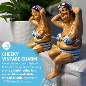 2 Retro Style Fat Bathing Ladies in Blue Striped Bikinis, Novelty Bathroom Figurines