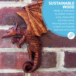 Flying Dragon Plaque in Hand Carved Wood, Wooden Mythical Flying Dragon Ornament
