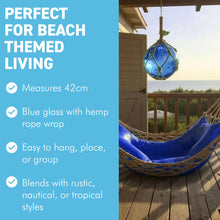 Load image into Gallery viewer, DEEP BLUE GLASS FISHING FLOAT ORNAMENTAL SEA BUOY | hand blown | nautical seafaring fishing rustic décor | 10cm diameter | with rustic brown string netting and hanging loop | Japanese style glass fishing floats
