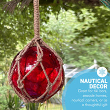 Load image into Gallery viewer, DEEP RED GLASS FISHING FLOAT ORNAMENTAL SEA BUOY | hand blown | nautical seafaring fishing rustic décor | 10cm diameter | with rustic brown string netting and hanging loop | Japanese style glass fishing floats
