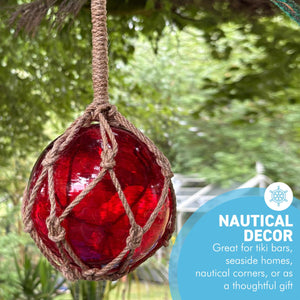 DEEP RED GLASS FISHING FLOAT ORNAMENTAL SEA BUOY | hand blown | nautical seafaring fishing rustic décor | 10cm diameter | with rustic brown string netting and hanging loop | Japanese style glass fishing floats