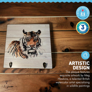Rustic Wooden Design Tiger Plaque Wall Hooks | 30cm x 30cm wooden plaque | supplied with two hooks attached | wall hanging fixings attached | Wildlife art
