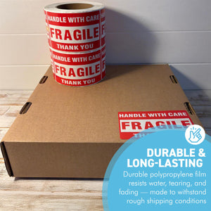 Two Rolls Premium Fragile Warning Stickers – Self-Adhesive “Fragile Handle with Care” Shipping Labels, 1000 Stickers per Roll, Bright Red & White, Waterproof & Tear-Resistant, for Boxes, Parcels & Packages