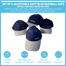 Load image into Gallery viewer, Set of 4 Adjustable Navy-Blue Baseball Caps, Skipper, First Mate, Bosun and Crew, Nautical Boating Hats for Sailing, Yachting &amp; Team Uniform
