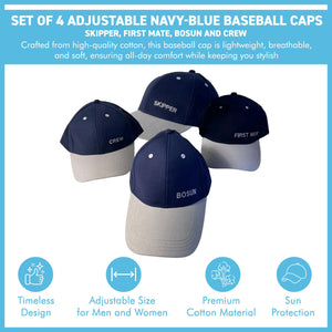 Set of 4 Adjustable Navy-Blue Baseball Caps, Skipper, First Mate, Bosun and Crew, Nautical Boating Hats for Sailing, Yachting & Team Uniform