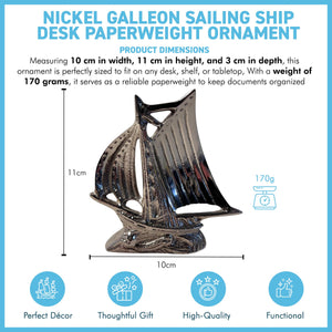 Nickel Galleon Ship Paperweight Ornament, Silver Nautical Decor for Desk, Elegant Home and Office Accessory