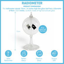 Load image into Gallery viewer, 16cm high Solar Radiometer | 4 Blades rotating glass windmill Crookes solar radiometer |Measures Radiant Flux of Electromagnetic Radiation | desk ornament | weather station | light mill
