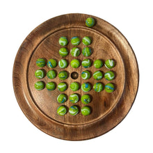 Load image into Gallery viewer, 22cm Diameter wooden SOLITAIRE BOARD GAME with GREEN LEPRECHAUN GLASS MARBLES | classic wooden solitaire game | strategy board game | family board game | games for one | board games
