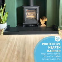 Load image into Gallery viewer, 𝗔𝗗𝗝𝗨𝗦𝗧𝗔𝗕𝗟𝗘 𝗕𝗟𝗔𝗖𝗞 𝗙𝗜𝗥𝗘 𝗙𝗘𝗡𝗗𝗘𝗥 𝗪𝗜𝗧𝗛 𝗣𝗢𝗟𝗜𝗦𝗛𝗘𝗗 𝗙𝗜𝗡𝗜𝗔𝗟𝗦 (𝟭𝟰𝟱𝗰𝗺 𝗠𝗮𝘅 𝗟𝗲𝗻𝗴𝘁𝗵) | Self Assembly | Fireplace Hearth Guard | Protective Barrier to prevent Ash &amp; Spark damage
