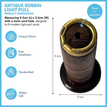 Load image into Gallery viewer, ANTIQUE BOBBIN LIGHT PULL,  upcycled from genuine antique bobbins, vintage bathroom ceiling light switch &amp; pull cord, unique piece of history for your bathroom
