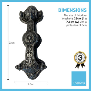 CAST IRON DOOR KNOCKER REGENCY DESIGN WITH ANTIQUE IRON FINISH | 23cm x 7.5cm | Fixing Bolts included | Handmade front door knocker | loud door knocker | Vintage charm with timeless elegance.