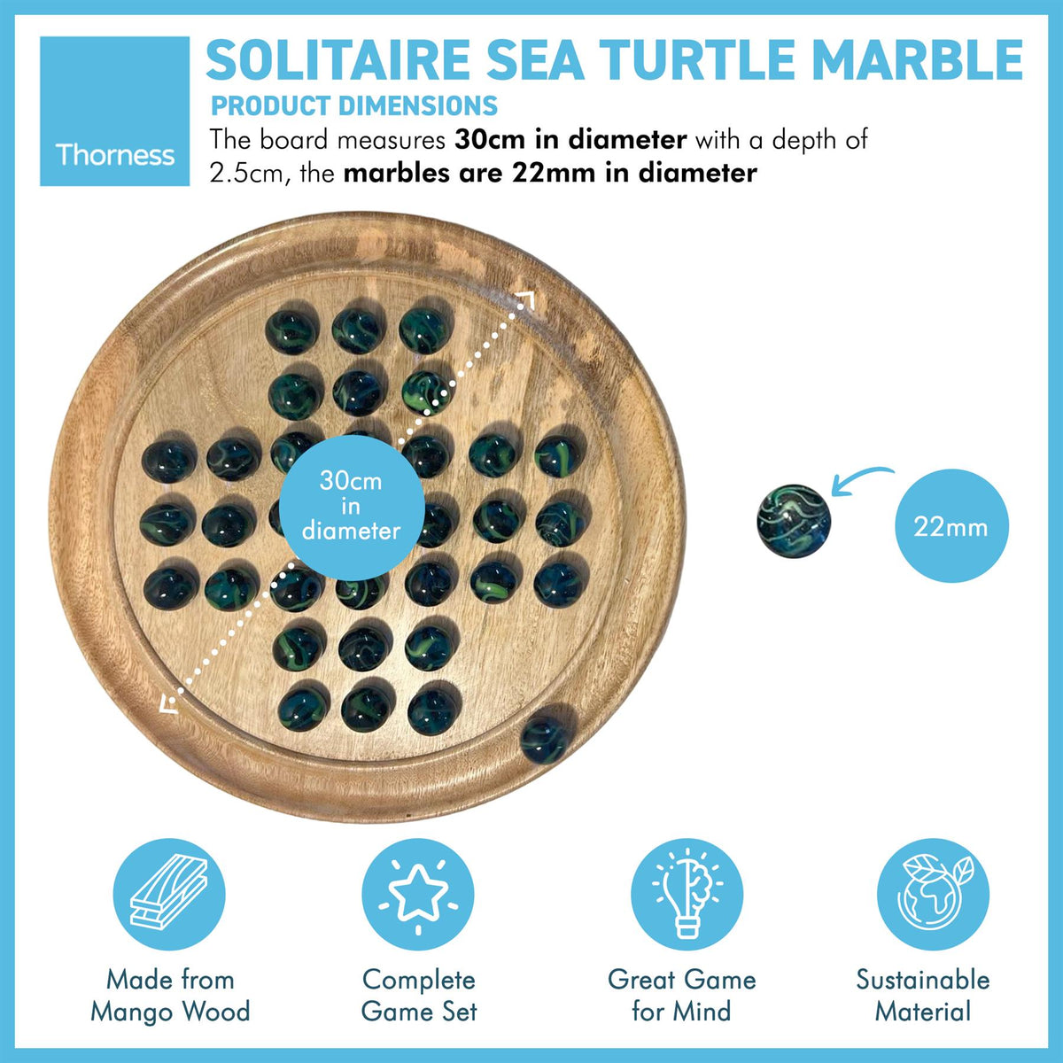 30cm Diameter WOODEN SOLITAIRE BOARD GAME with SEA TURTLE GLASS MARBLE ...