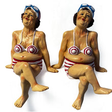 Load image into Gallery viewer, 2 Fat Bathing Ladies in Red Striped Bikinis, Novelty Bathroom Figurines
