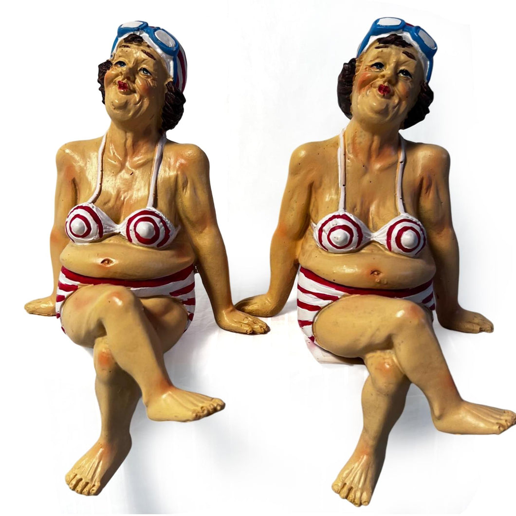 2 Fat Bathing Ladies in Red Striped Bikinis, Novelty Bathroom Figurines