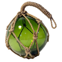 Load image into Gallery viewer, DEEP GREEN GLASS FISHING FLOAT ORNAMENTAL SEA BUOY | hand blown | nautical seafaring fishing rustic décor | 10cm diameter | with rustic brown string netting and hanging loop
