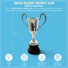 Load image into Gallery viewer, The 30cm Silver Trophy Cup – Aluminium with a Contrasting Black Base
