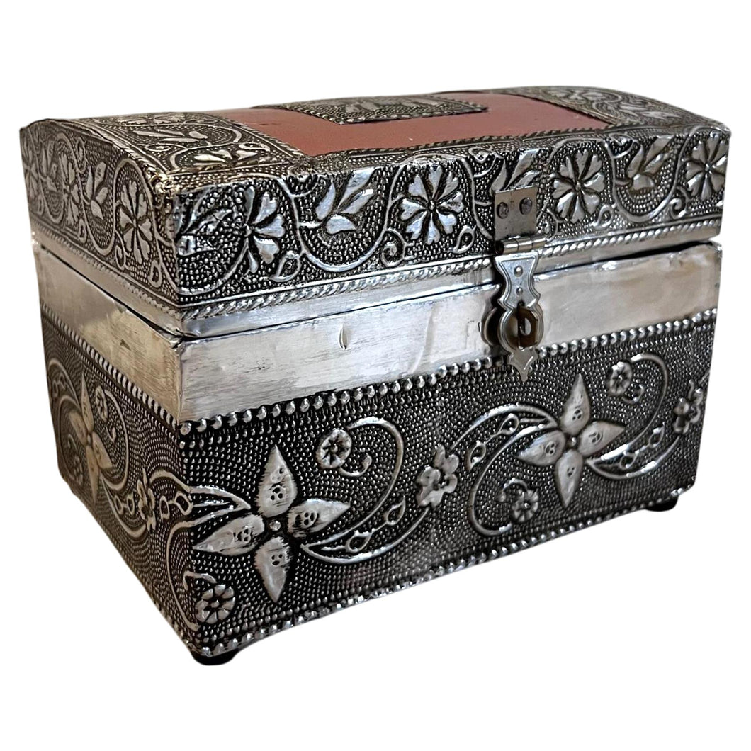 Distressed Wooden Jewelry & Keepsake Box with Silver & Copper Alloy Finish, Elephant & Floral Decor