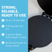 Load image into Gallery viewer, Premium 8" 𝗖𝗔𝗦𝗧 𝗜𝗥𝗢𝗡 𝗧𝗢𝗥𝗧𝗜𝗟𝗟𝗔 𝗣𝗥𝗘𝗦𝗦 – Heavy Duty Roti Maker, Taco &amp; Quesadilla Press, Manual Dough Press, Non-Stick, Durable Kitchen Tool
