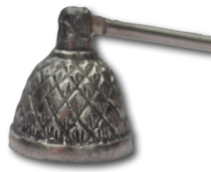 Distressed style chrome plated metal candle snuffer with decorated bell end