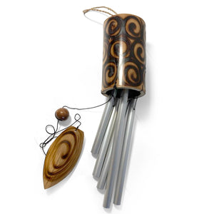 44cm Length Indonesian Home and Garden Bamboo Burnt Swirl Windchime | chime ornament | wooden wind chimes | Classic Zen Garden windchime for relaxation | Bamboo wind chimes for garden.