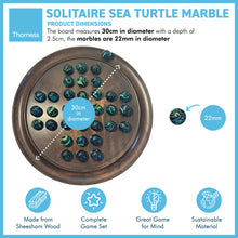 Load image into Gallery viewer, 30cm Diameter WOODEN SOLITAIRE BOARD GAME with SEA TURTLE GLASS MARBLES | classic wooden solitaire game | strategy board game | family board game | games for one | board games
