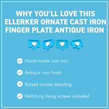 Load image into Gallery viewer, The Ellerker – Hand-Cast Ornate Finger Plate in Antique Iron
