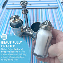 Load image into Gallery viewer, Salt &amp; Pepper Shaker Set, Nickel Plated Glass Pots in a stylish caddy
