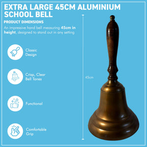 𝗘𝗫𝗧𝗥𝗔 𝗟𝗔𝗥𝗚𝗘 𝟰𝟱𝗖𝗠 𝗔𝗟𝗨𝗠𝗜𝗡𝗜𝗨𝗠 𝗦𝗖𝗛𝗢𝗢𝗟 𝗕𝗘𝗟𝗟 with Wooden Handle – Antique Brass Finish School & Service Bell