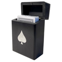 Load image into Gallery viewer, Handcrafted wooden playing card box in black with Ace of Spades design, stylish storage for card enthusiasts
