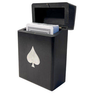 Handcrafted wooden playing card box in black with Ace of Spades design, stylish storage for card enthusiasts