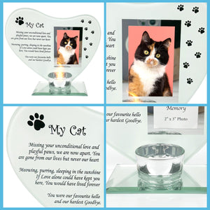 Glass Memorial Candle Holder & Photo Frame for Cats | Grief Sympathy Gift | Pet Memorial Plaque | Cat Remembrance Frame & Candle Holder