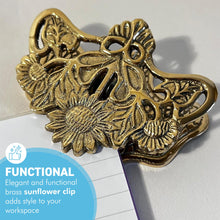 Load image into Gallery viewer, Elegant and Sturdy Polished Brass Sunflower Desk Clip – Multifunctional Leaf Clamp, Binder Clip, and Bookmark for Office &amp; Home
