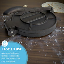 Load image into Gallery viewer, Premium 8" 𝗖𝗔𝗦𝗧 𝗜𝗥𝗢𝗡 𝗧𝗢𝗥𝗧𝗜𝗟𝗟𝗔 𝗣𝗥𝗘𝗦𝗦 – Heavy Duty Roti Maker, Taco &amp; Quesadilla Press, Manual Dough Press, Non-Stick, Durable Kitchen Tool
