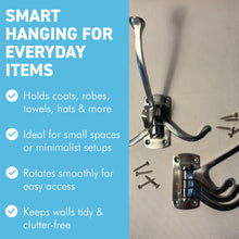 Load image into Gallery viewer, Set of two Aluminium Triple 𝗦𝗪𝗜𝗩𝗘𝗟 𝗖𝗢𝗔𝗧 𝗛𝗢𝗢𝗞𝗦 3-Prong Wall Mounted Hanger for Towels Robes Bags Jackets Bathroom Entryway
