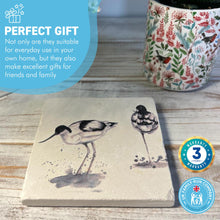 Load image into Gallery viewer, AVOCET STONE COASTER | Stone Coasters | Animal novelty gift | Coaster for glass, mugs and cups| Square coaster for drinks | Bird gift | Meg Hawkins art | 10cm x 10cm
